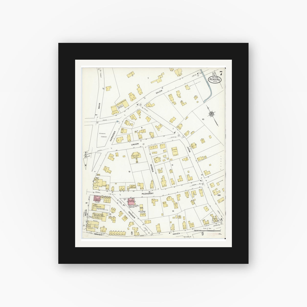 Old map wall art mockup — black gallery frame with white mat — Sanborn Fire Insurance Map from Reading, Middlesex County, Massachusetts (1909), Sheet #0007