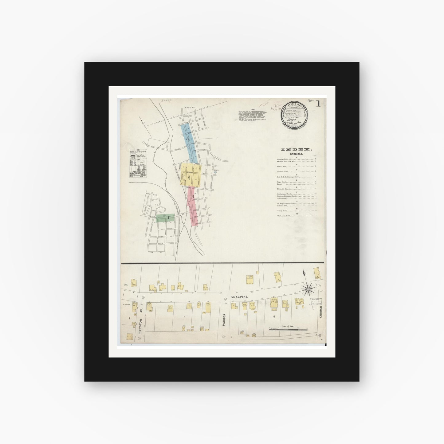 Old map wall art mockup — black gallery frame with white mat — Sanborn Fire Insurance Map from Avoca, Luzerne County, Pennsylvania (1896) - Complete Map Set