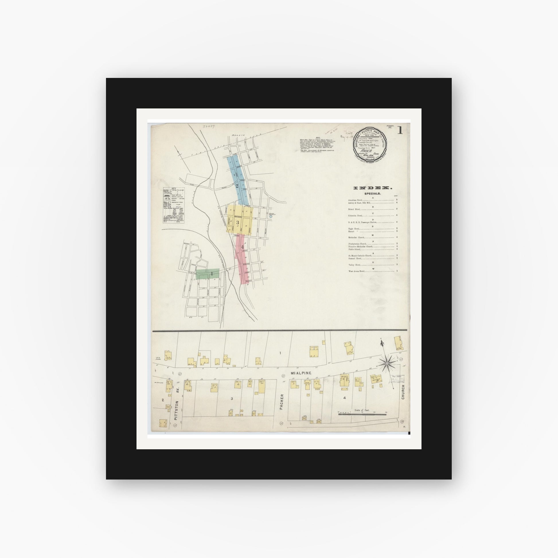 Old map wall art mockup — black gallery frame with white mat — Sanborn Fire Insurance Map from Avoca, Luzerne County, Pennsylvania (1896) - Complete Map Set