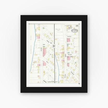 Old map wall art mockup — black gallery frame with white mat — Sanborn Fire Insurance Map from Ottumwa, Wapello County, Iowa (1891), Sheet #0011