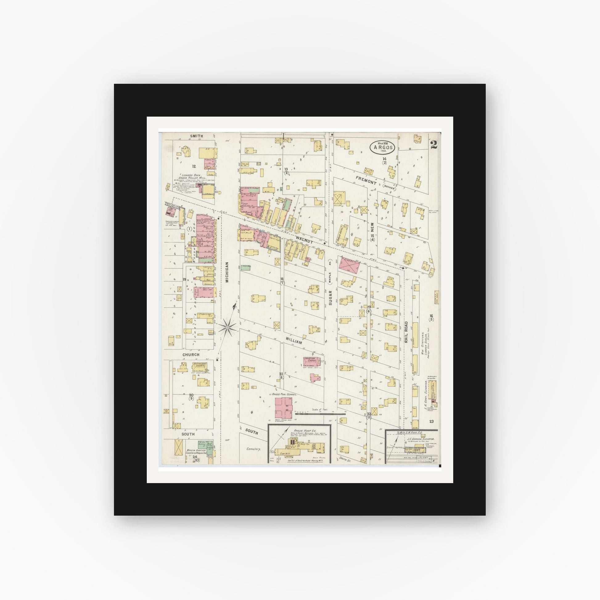 Old map wall art mockup — black gallery frame with white mat — Sanborn Fire Insurance Map from Argos, Marshall County, Indiana (1898), Sheet #0002
