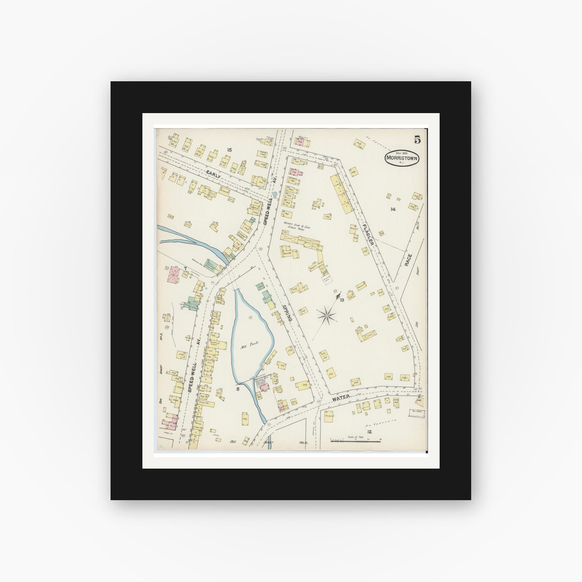 Old map wall art mockup — black gallery frame with white mat — Sanborn Fire Insurance Map from Morristown, Morris County, New Jersey (1890), Sheet #0005