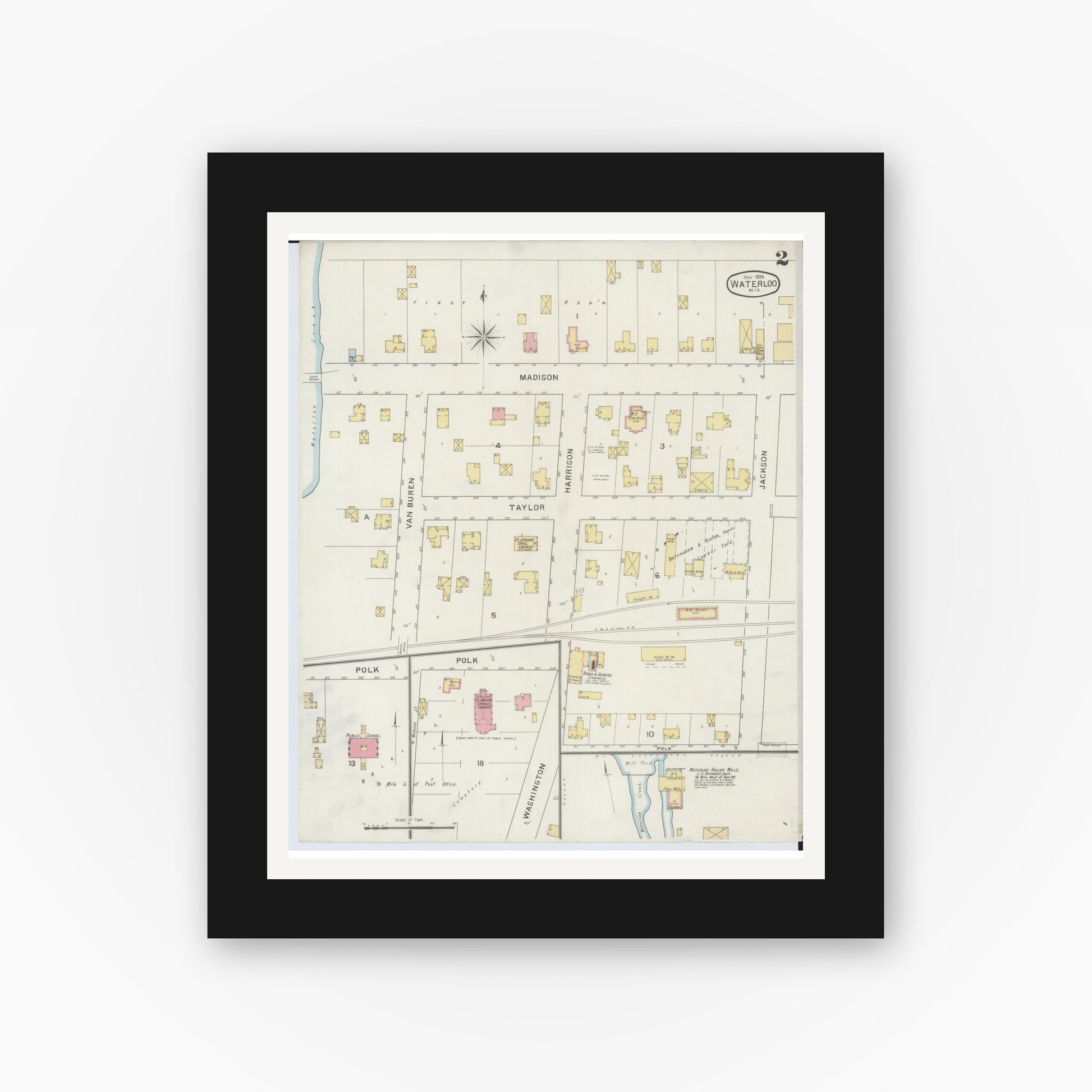 Old map wall art mockup — black gallery frame with white mat — Sanborn Fire Insurance Map from Waterloo, Jefferson County, Wisconsin (1894), Sheet #0002