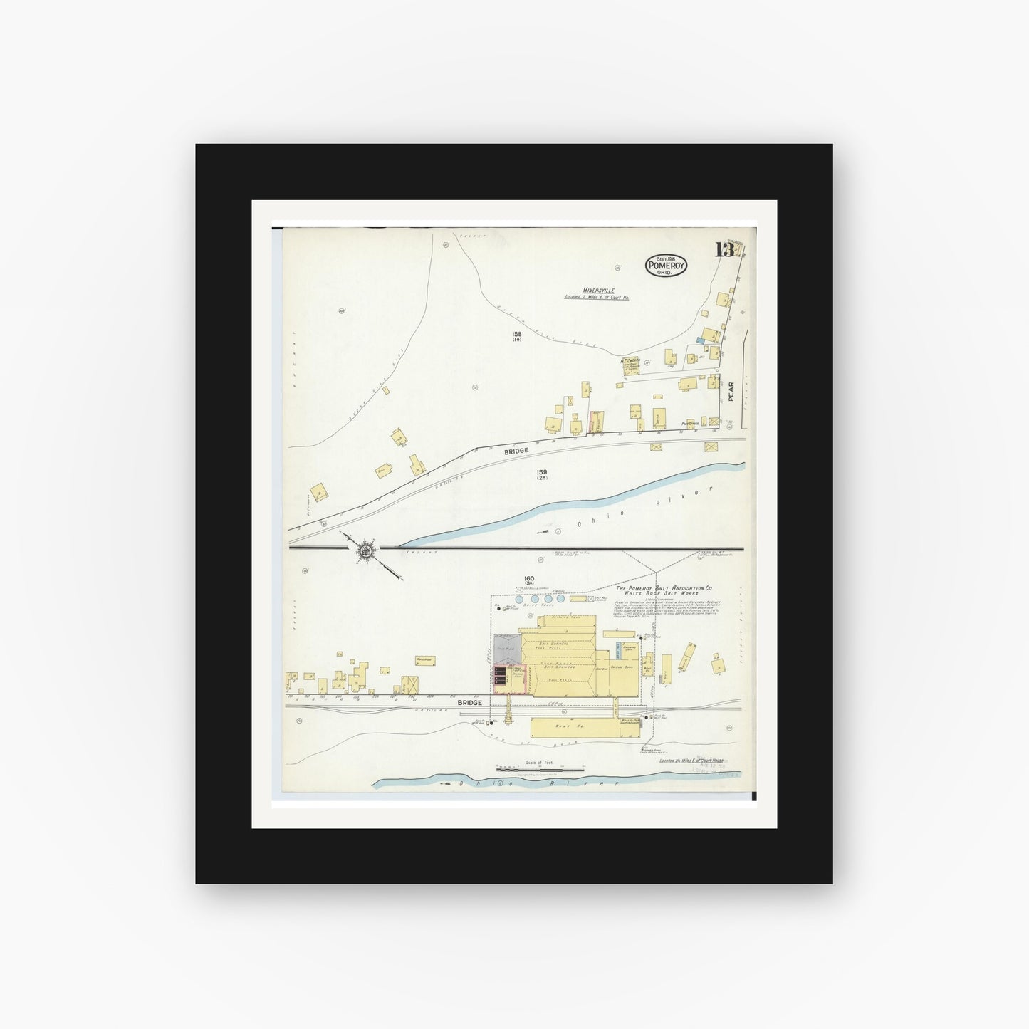 Old map wall art mockup — black gallery frame with white mat — Sanborn Fire Insurance Map from Pomeroy, Meigs County, Ohio (1916), Sheet #0013