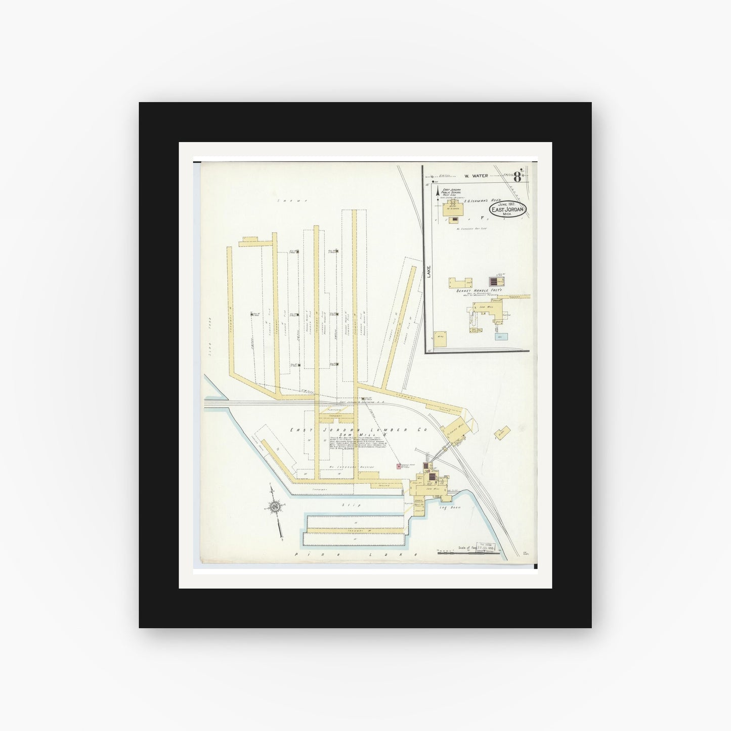 Old map wall art mockup — black gallery frame with white mat — Sanborn Fire Insurance Map from East Jordan, Charlevoix County, Michigan (1912), Sheet #0008