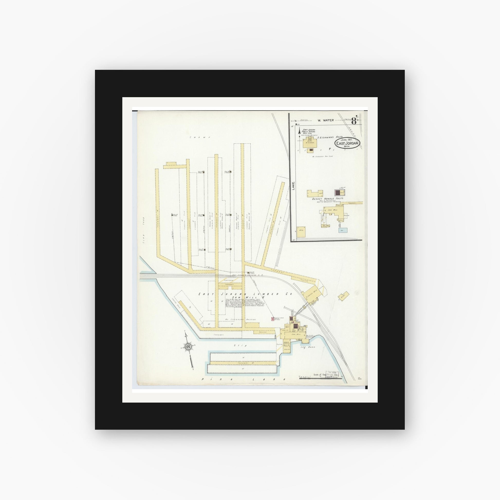 Old map wall art mockup — black gallery frame with white mat — Sanborn Fire Insurance Map from East Jordan, Charlevoix County, Michigan (1912), Sheet #0008