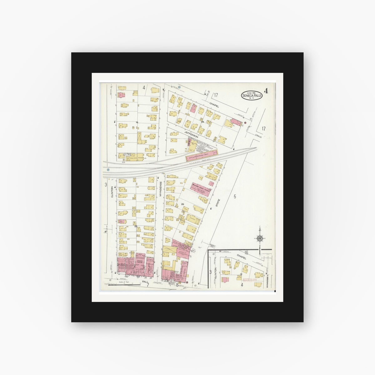Old map wall art mockup — black gallery frame with white mat — Sanborn Fire Insurance Map from Seneca Falls, Seneca County, New York (1916), Sheet #0004