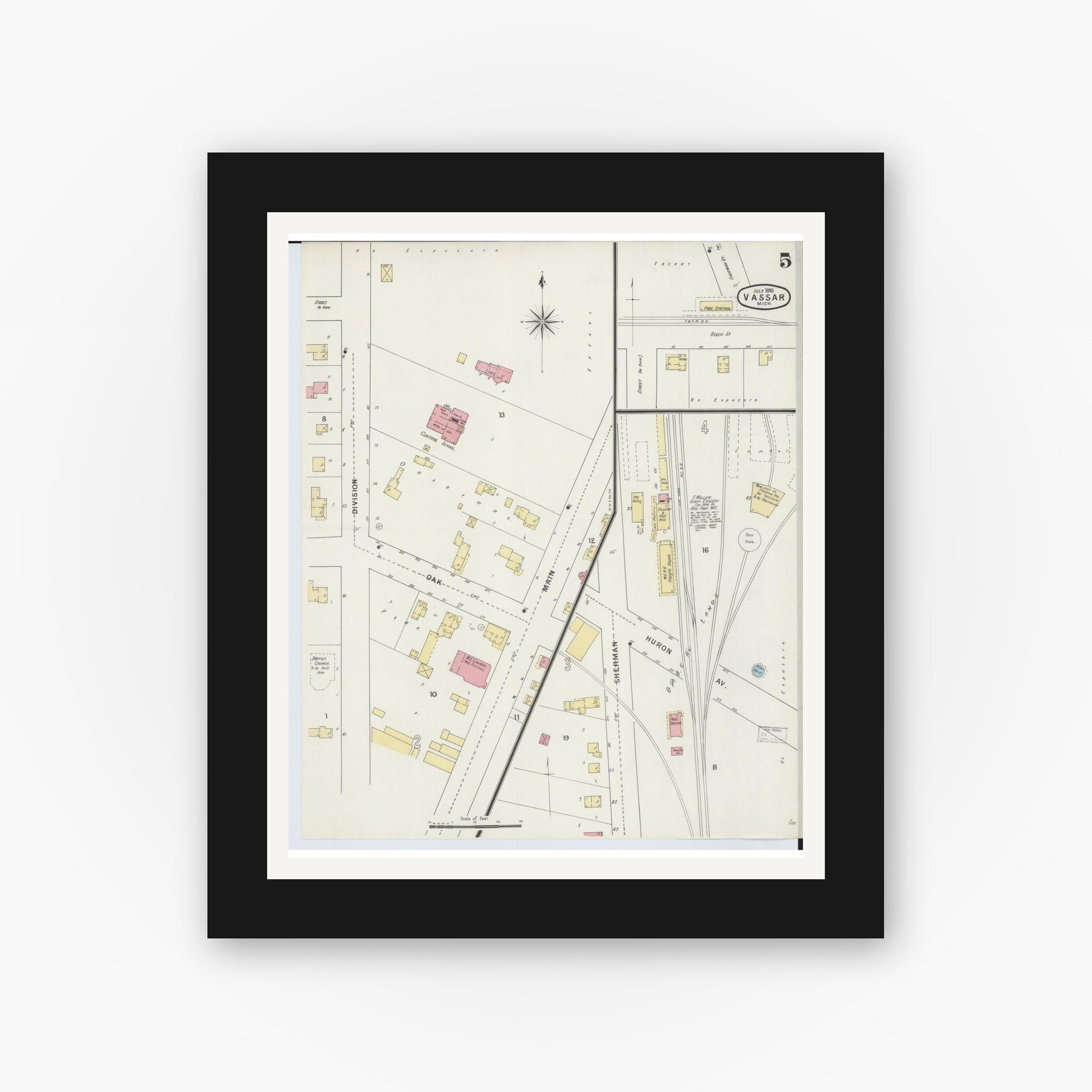 Old map wall art mockup — black gallery frame with white mat — Sanborn Fire Insurance Map from Vassar, Tuscola County, Michigan (1895), Sheet #0005