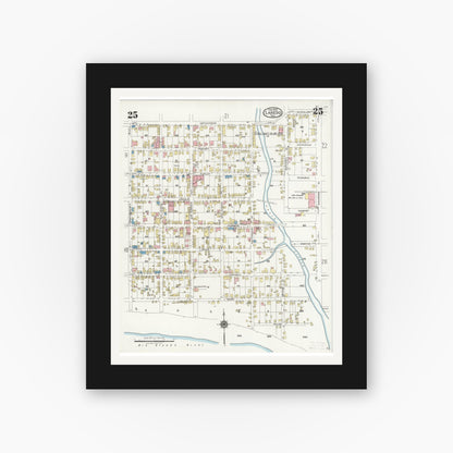 Old map wall art mockup — black gallery frame with white mat — Sanborn Fire Insurance Map from Laredo, Webb County, Texas (1925), Sheet #0025
