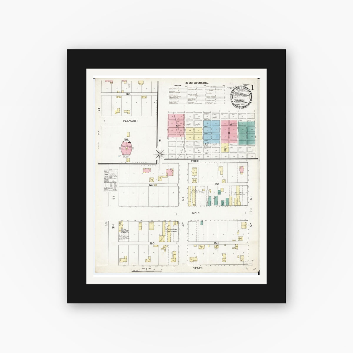 Old map wall art mockup — black gallery frame with white mat — Sanborn Fire Insurance Map from Osage, Mitchell County, Iowa (1892), Sheet #0001