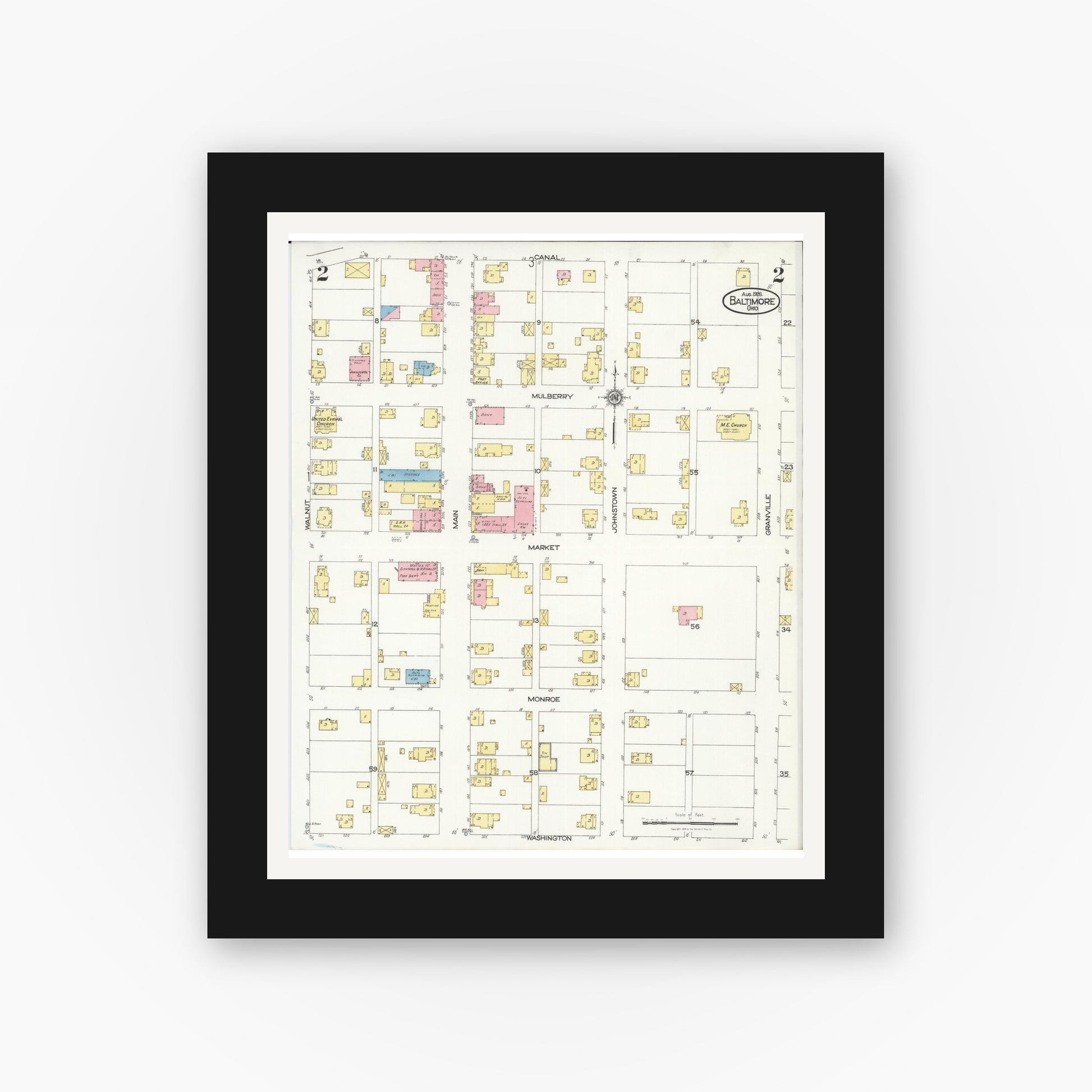 Old map wall art mockup — black gallery frame with white mat — Sanborn Fire Insurance Map from Baltimore, Fairfield County, Ohio (1926), Sheet #0002