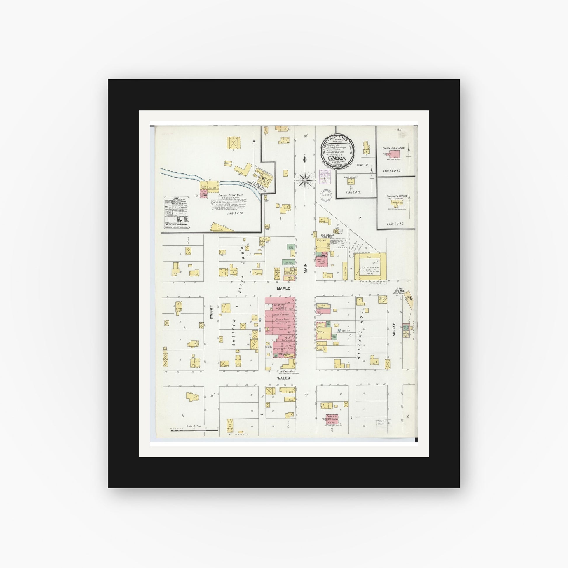 Old map wall art mockup — black gallery frame with white mat — Sanborn Fire Insurance Map from Camden, Hillsdale County, Michigan (1901), Sheet #0001