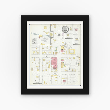 Old map wall art mockup — black gallery frame with white mat — Sanborn Fire Insurance Map from Camden, Hillsdale County, Michigan (1901), Sheet #0001