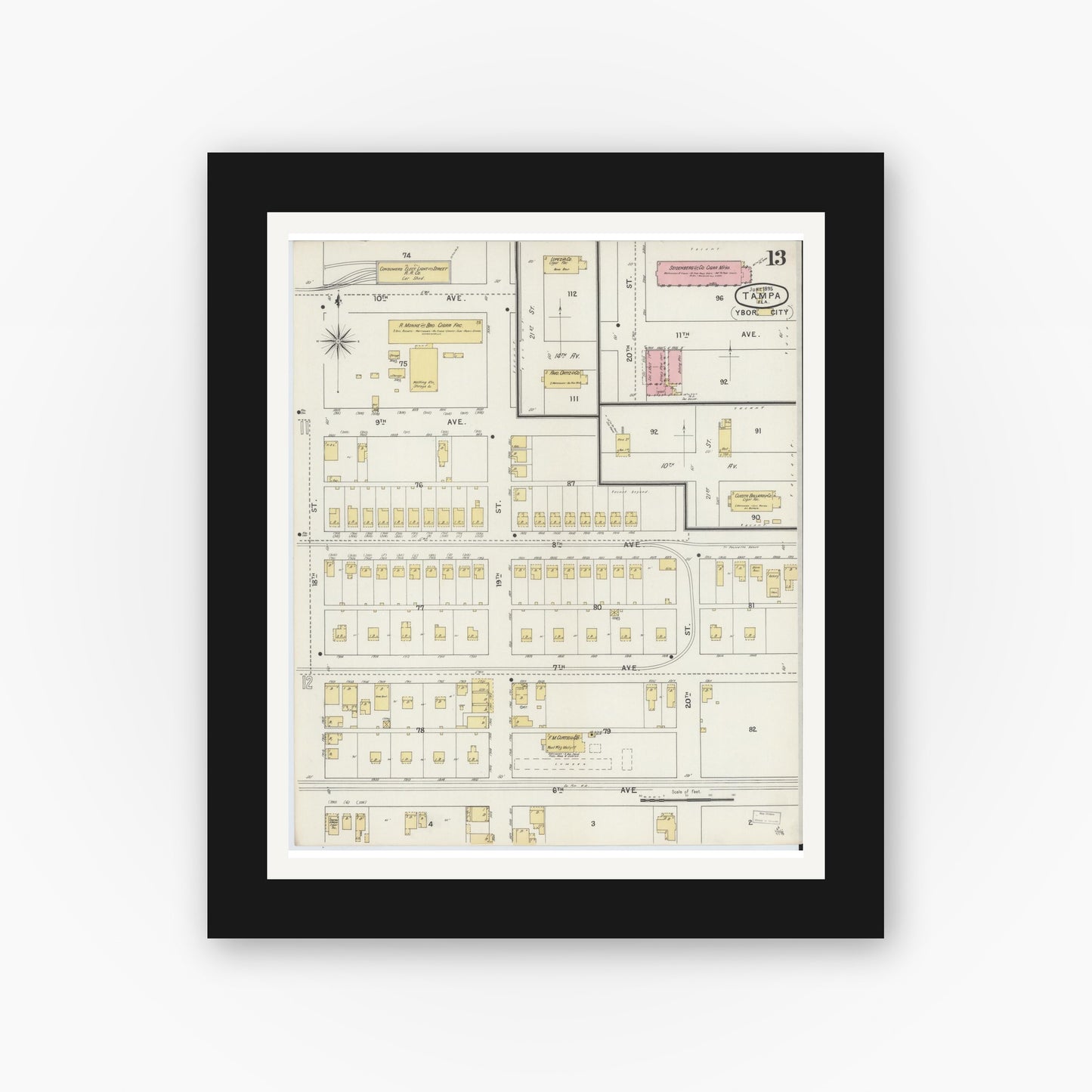 Old map wall art mockup — black gallery frame with white mat — Sanborn Fire Insurance Map from Tampa, Hillsborough County, Florida (1895), Sheet #0017