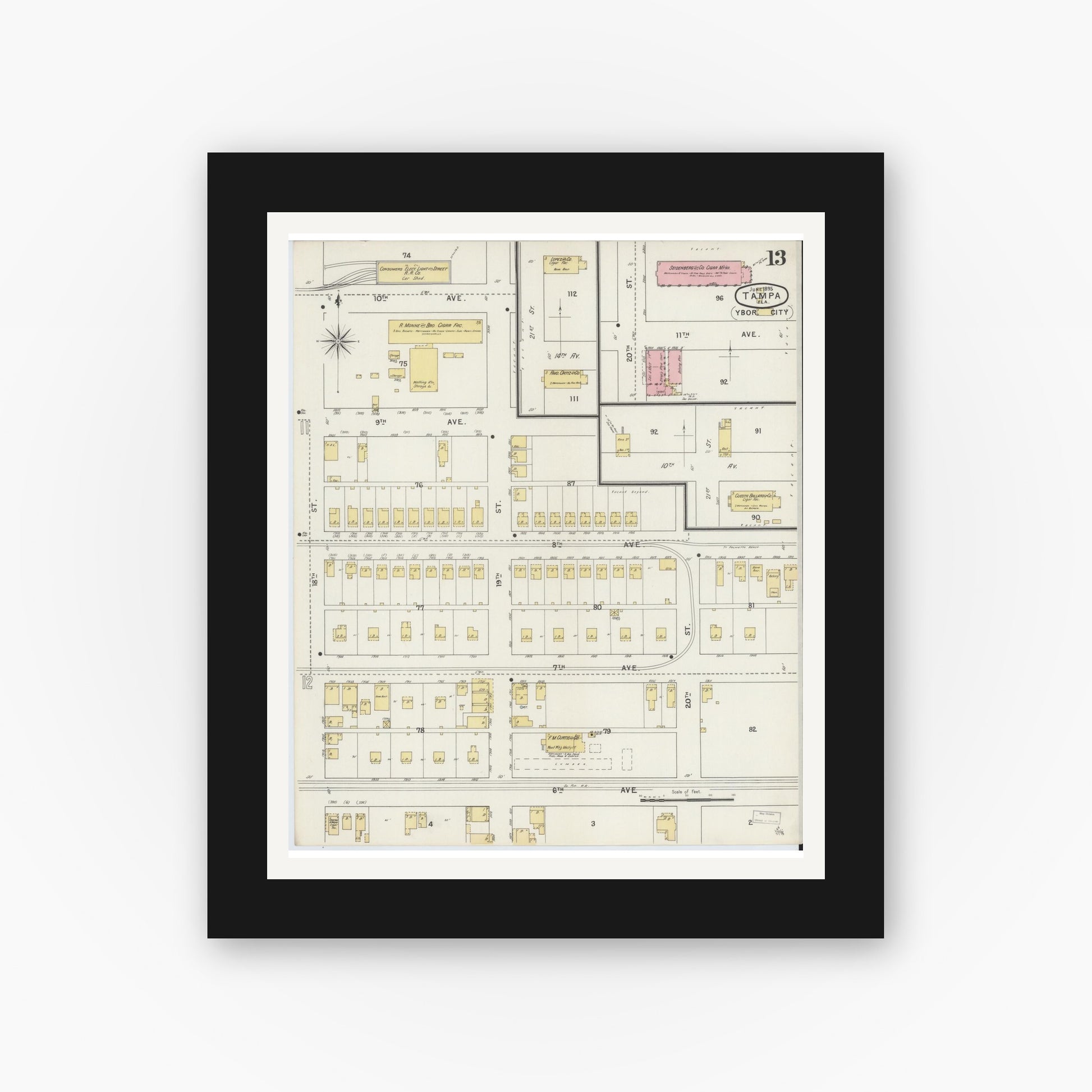 Old map wall art mockup — black gallery frame with white mat — Sanborn Fire Insurance Map from Tampa, Hillsborough County, Florida (1895), Sheet #0017