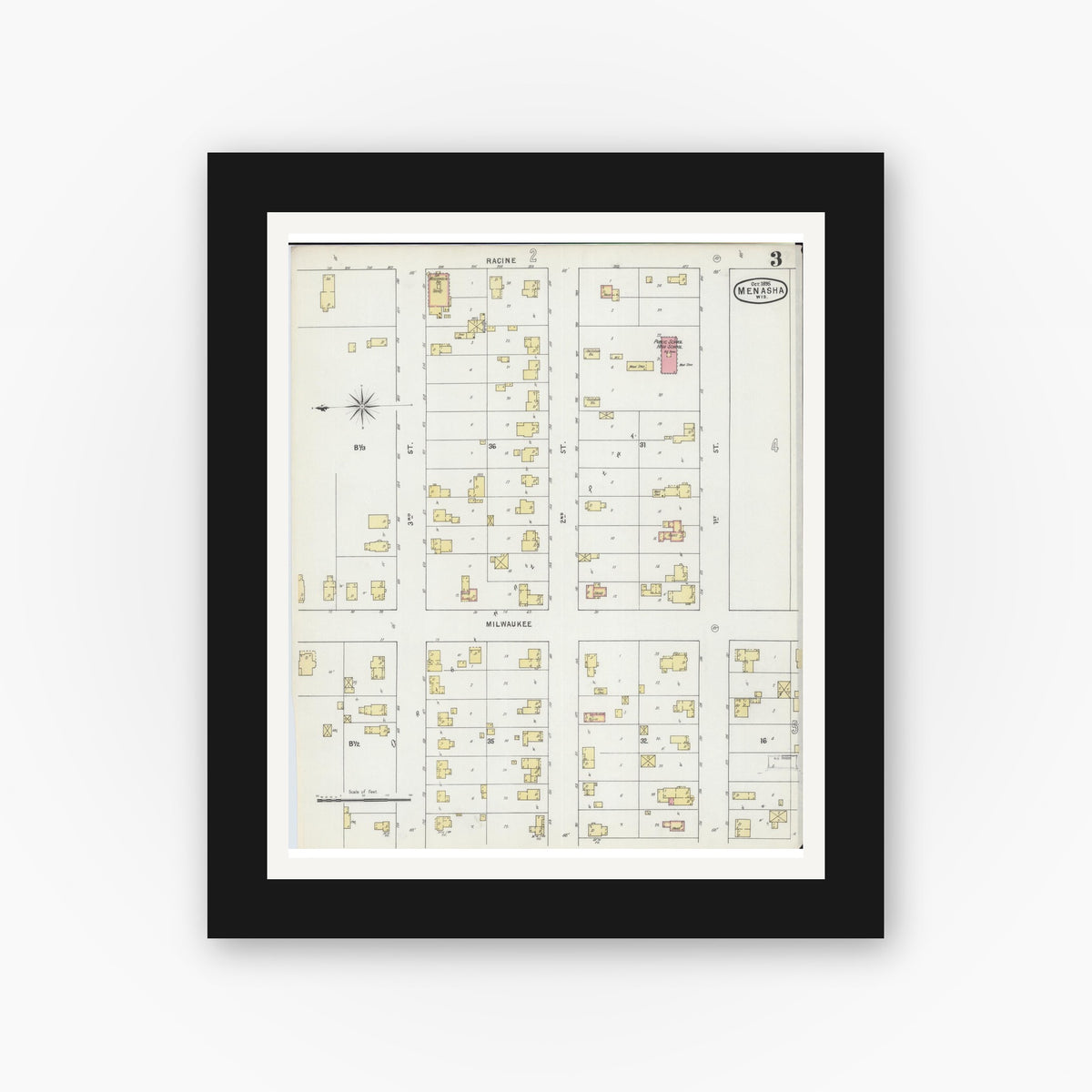 Old map wall art mockup — black gallery frame with white mat — Sanborn Fire Insurance Map from Menasha, Winnebago County, Wisconsin (1895), Sheet #0003