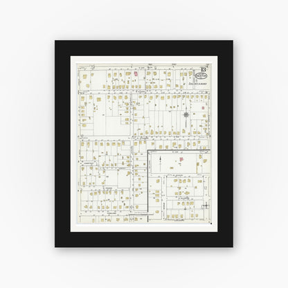 Old map wall art mockup — black gallery frame with white mat — Sanborn Fire Insurance Map from Denton, Denton County, Texas (1921), Sheet #0013