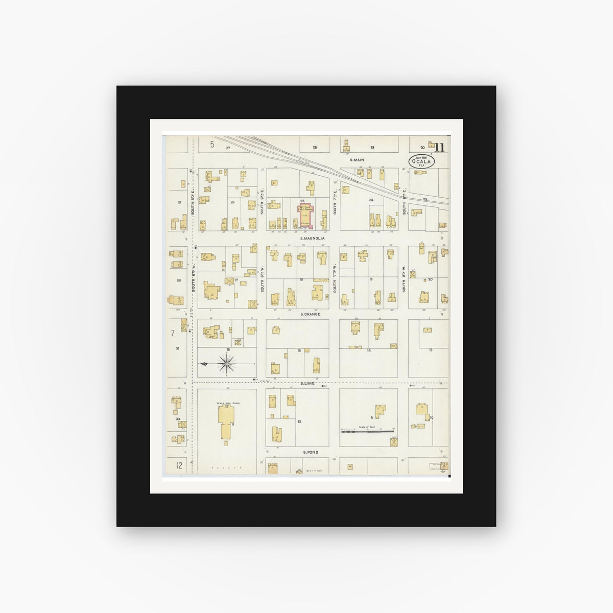 Old map wall art mockup — black gallery frame with white mat — Sanborn Fire Insurance Map from Ocala, Marion County, Florida (1906), Sheet #0011