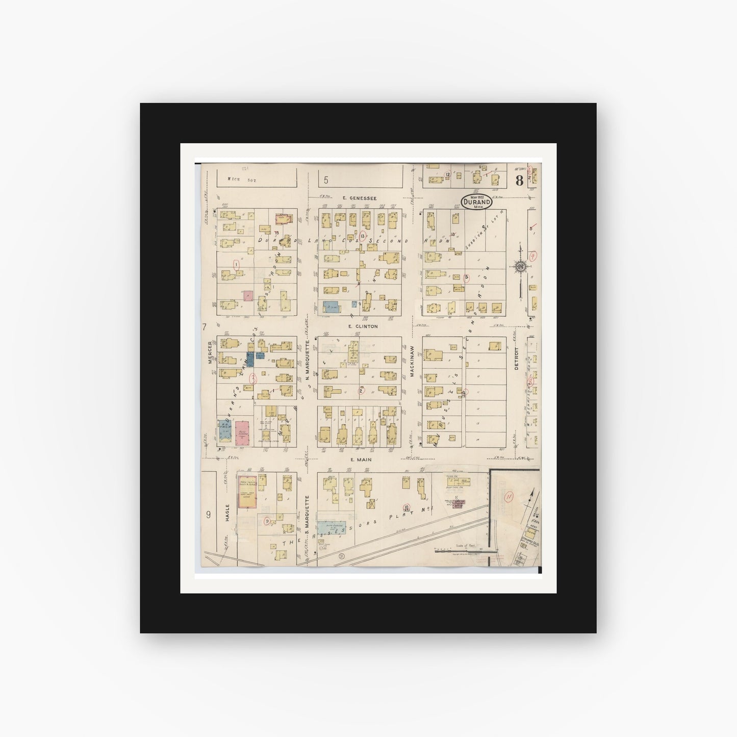 Old map wall art mockup — black gallery frame with white mat — Sanborn Fire Insurance Map from Durand, Shiawassee County, Michigan (1944), Sheet #0008