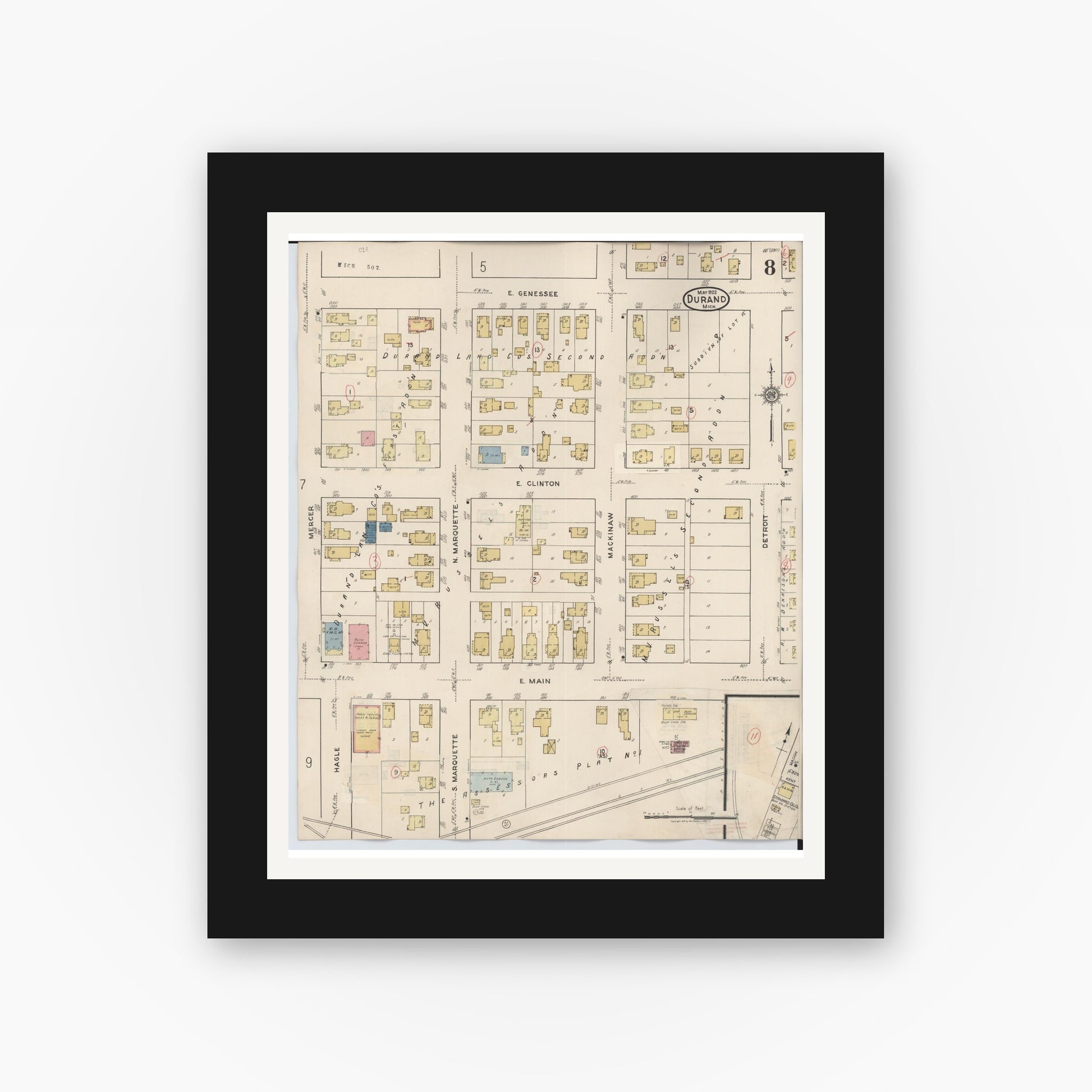 Old map wall art mockup — black gallery frame with white mat — Sanborn Fire Insurance Map from Durand, Shiawassee County, Michigan (1944), Sheet #0008
