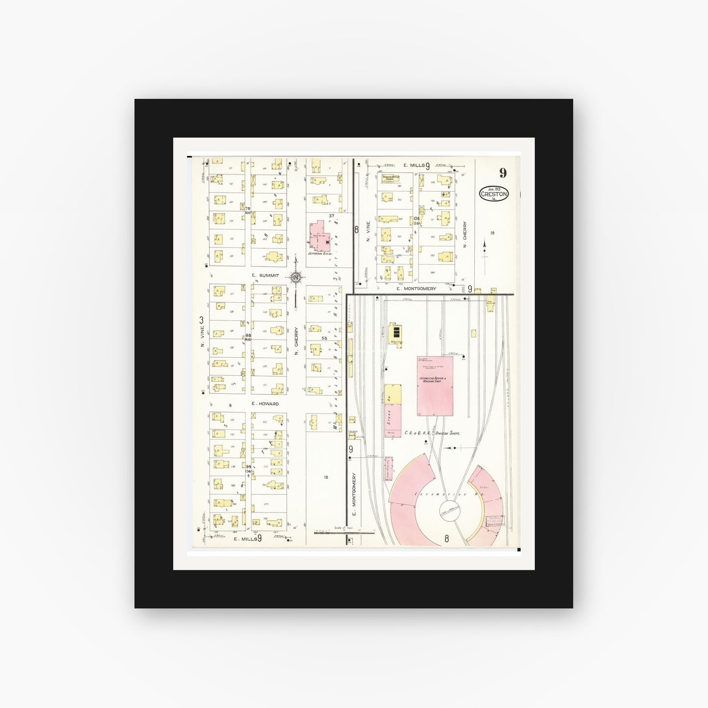 Old map wall art mockup — black gallery frame with white mat — Sanborn Fire Insurance Map from Creston, Union County, Iowa (1913), Sheet #0009