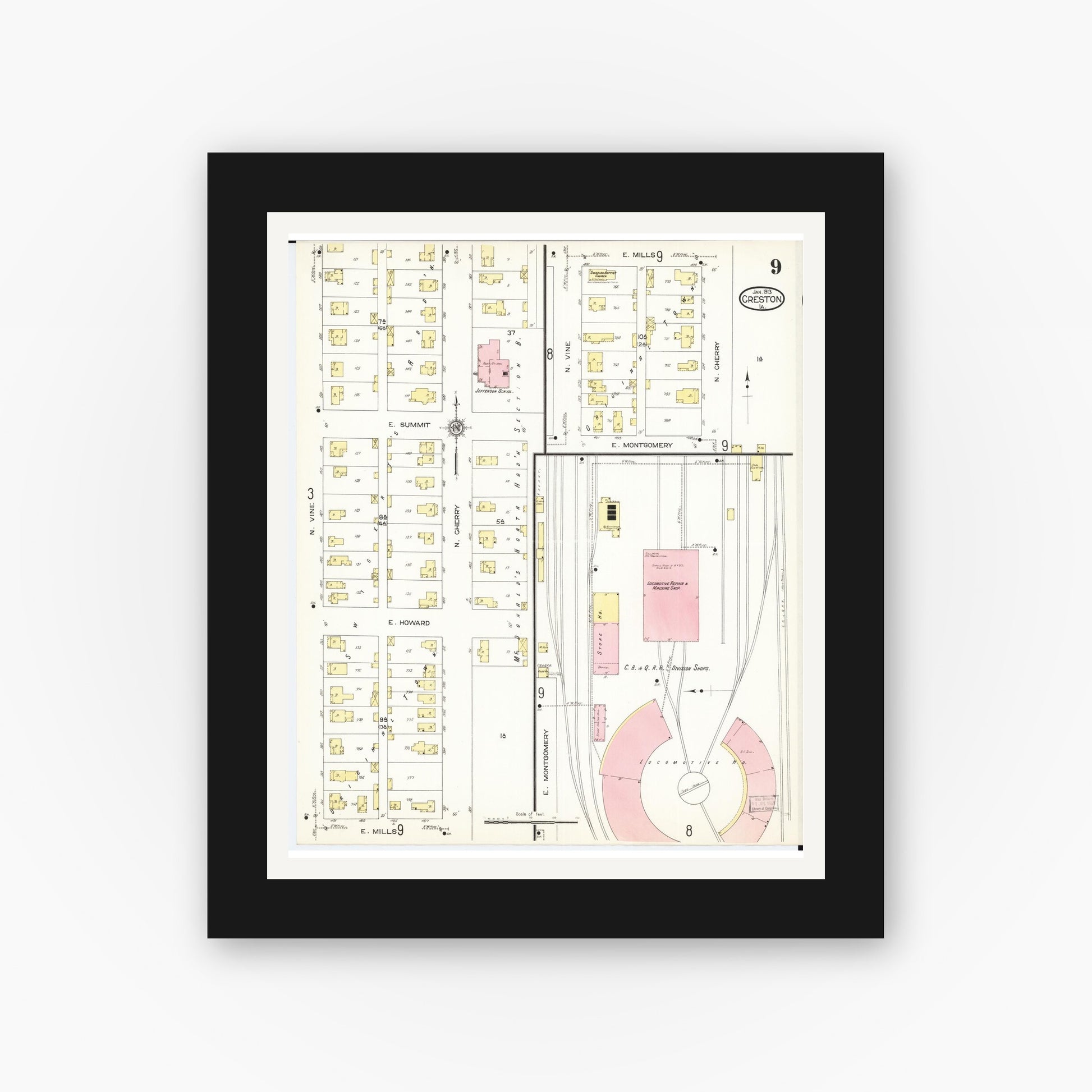 Old map wall art mockup — black gallery frame with white mat — Sanborn Fire Insurance Map from Creston, Union County, Iowa (1913), Sheet #0009