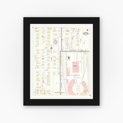 Old map wall art mockup — black gallery frame with white mat — Sanborn Fire Insurance Map from Creston, Union County, Iowa (1913), Sheet #0009