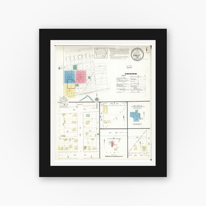 Old map wall art mockup — black gallery frame with white mat — Sanborn Fire Insurance Map from Sibley, Osceola County, Iowa (1913), Sheet #0001