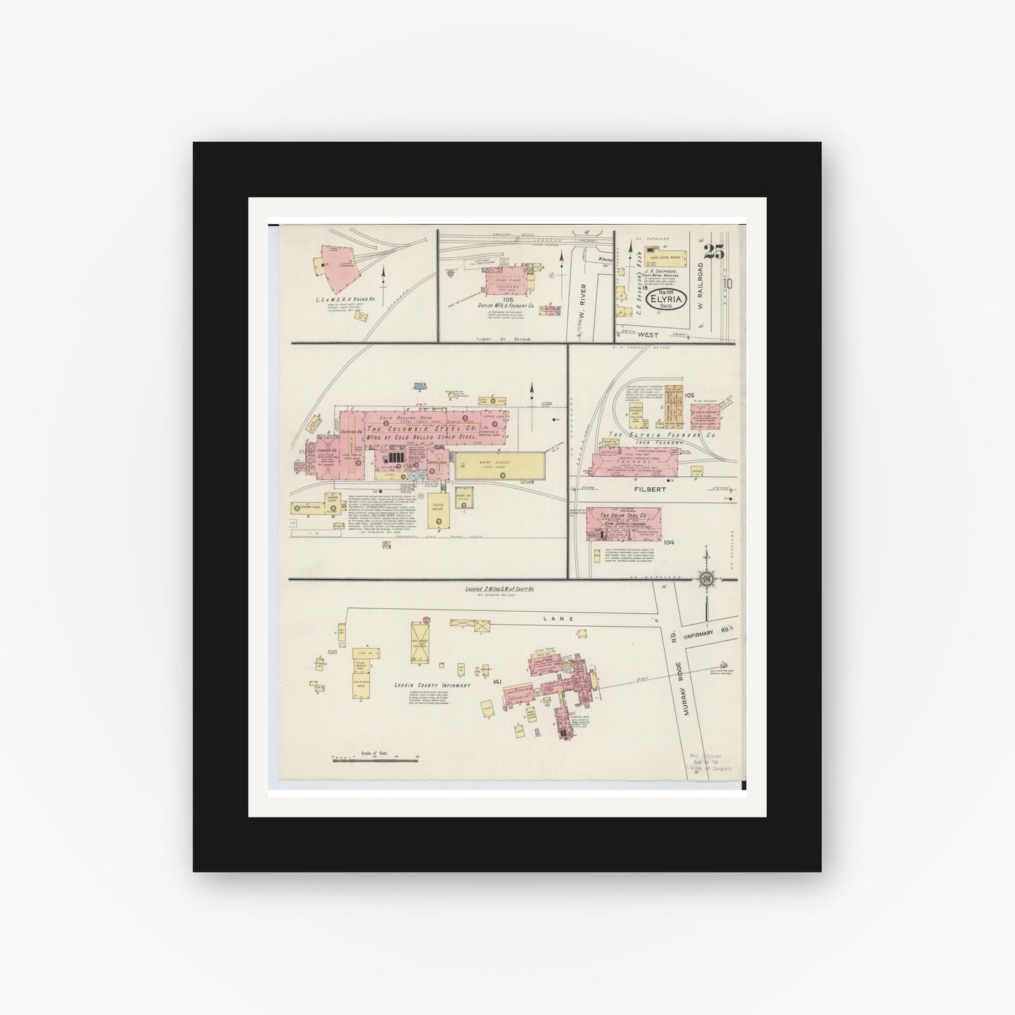 Old map wall art mockup — black gallery frame with white mat — Sanborn Fire Insurance Map from Elyria, Lorain County, Ohio (1915), Sheet #0025