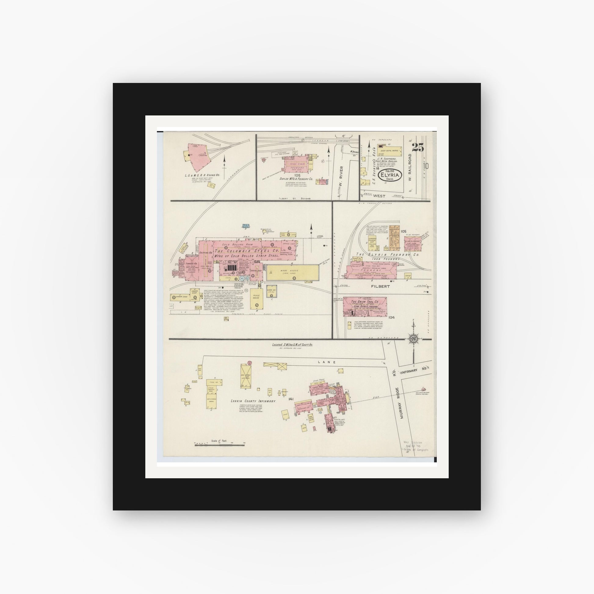 Old map wall art mockup — black gallery frame with white mat — Sanborn Fire Insurance Map from Elyria, Lorain County, Ohio (1915), Sheet #0025