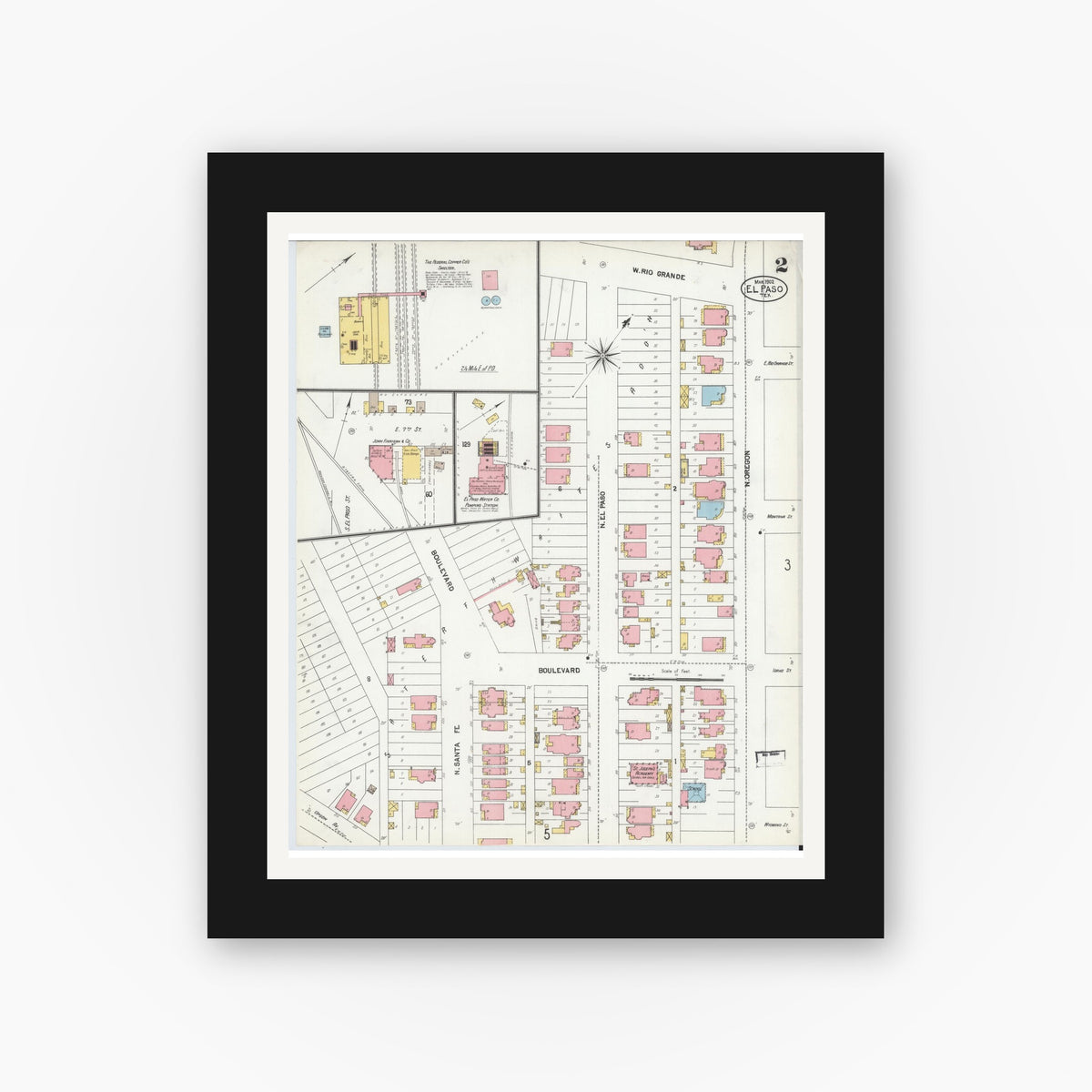 Old map wall art mockup — black gallery frame with white mat — Sanborn Fire Insurance Map from El Paso, El Paso County, Texas (1902), Sheet #0002