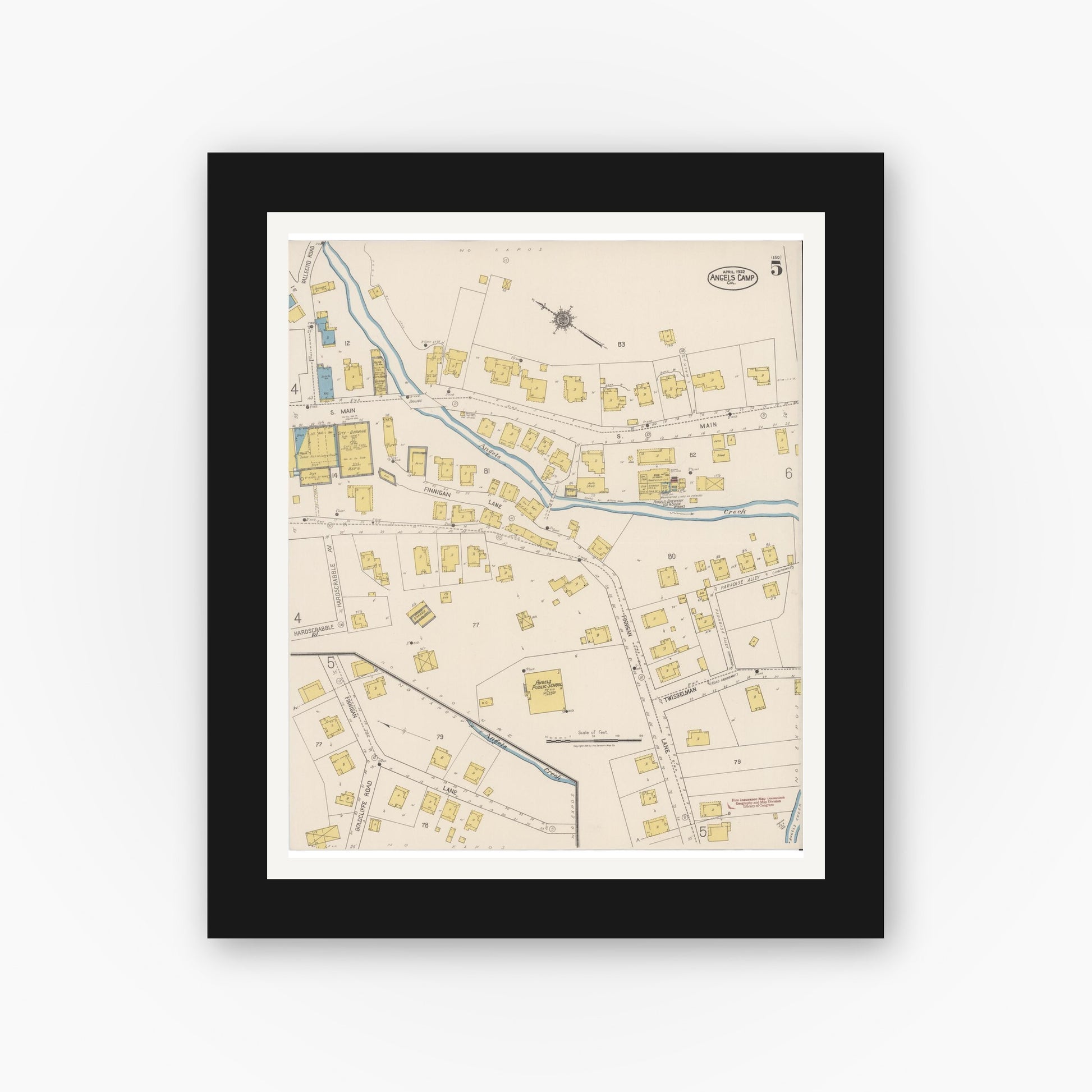 Old map wall art mockup — black gallery frame with white mat — Sanborn Fire Insurance Map from Angels Camp, Calaveras County, California (1922), Sheet #0005