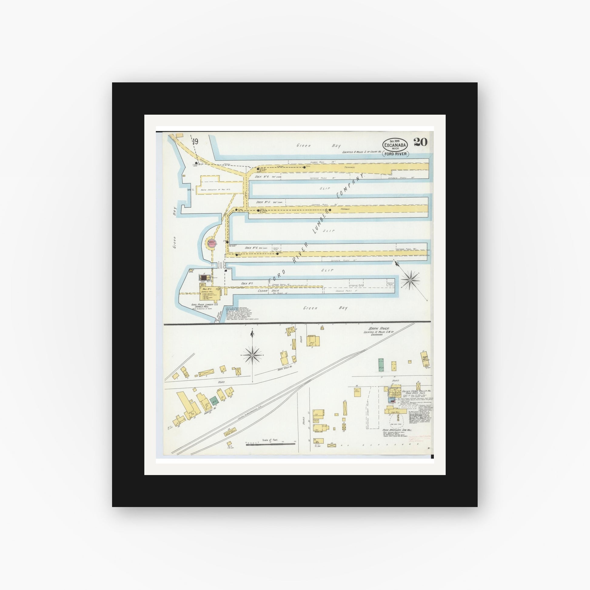 Old map wall art mockup — black gallery frame with white mat — Sanborn Fire Insurance Map from Escanaba, Delta County, Michigan (1899), Sheet #0020