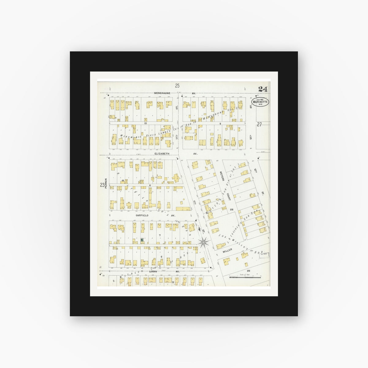 Old map wall art mockup — black gallery frame with white mat — Sanborn Fire Insurance Map from Marinette, Marinette County, Wisconsin (1901), Sheet #0024