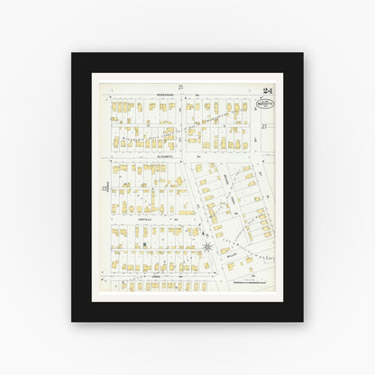 Old map wall art mockup — black gallery frame with white mat — Sanborn Fire Insurance Map from Marinette, Marinette County, Wisconsin (1901), Sheet #0024