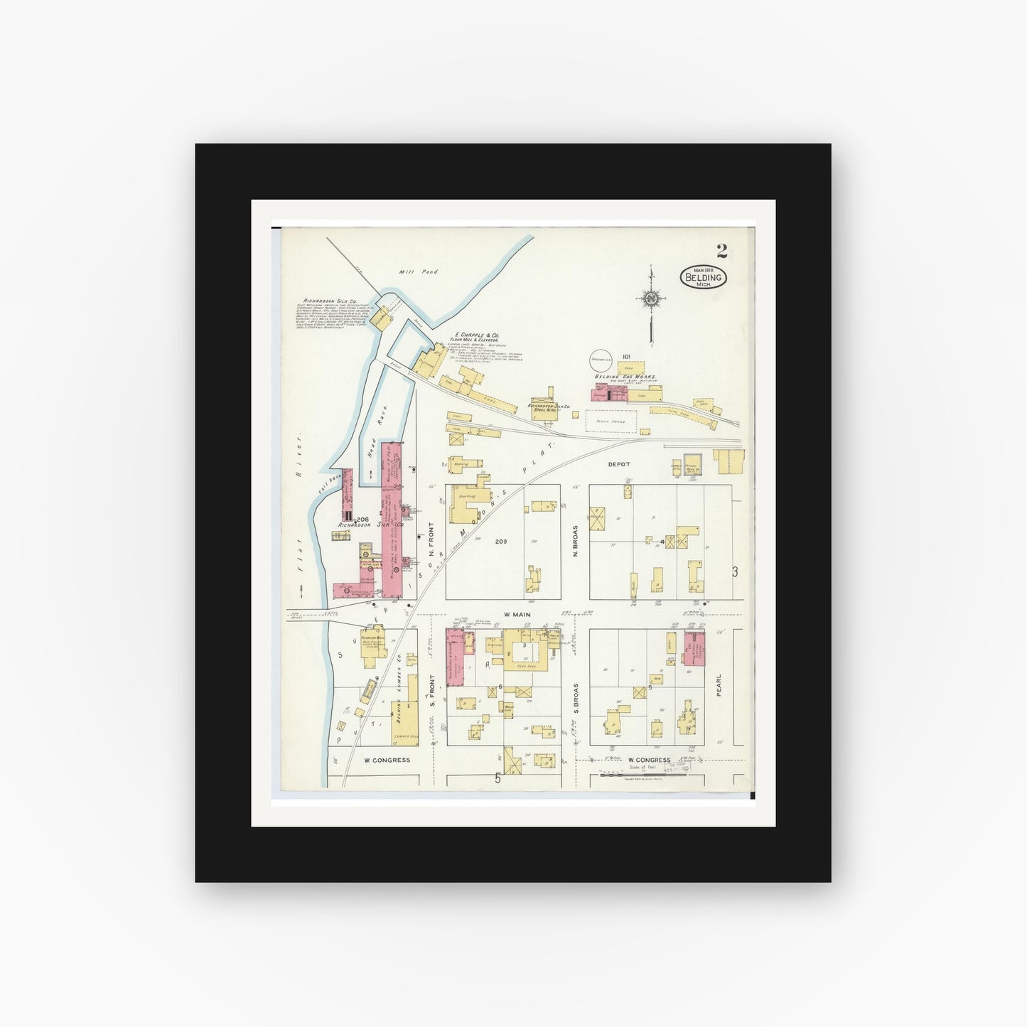 Old map wall art mockup — black gallery frame with white mat — Sanborn Fire Insurance Map from Belding, Ionia County, Michigan (1918), Sheet #0002