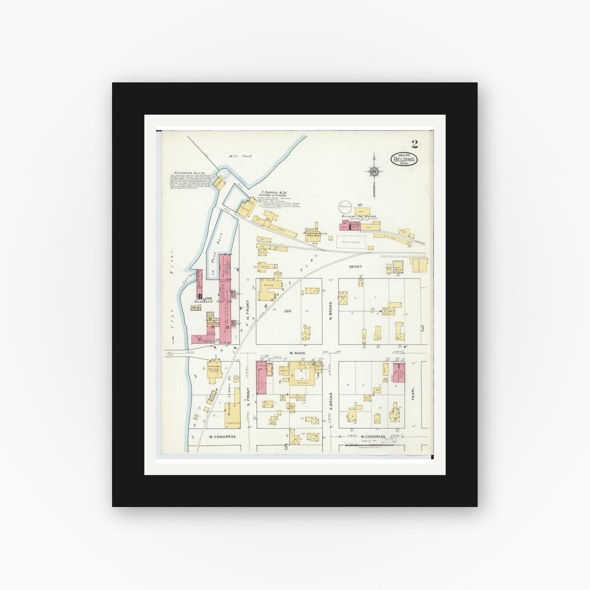 Old map wall art mockup — black gallery frame with white mat — Sanborn Fire Insurance Map from Belding, Ionia County, Michigan (1918), Sheet #0002