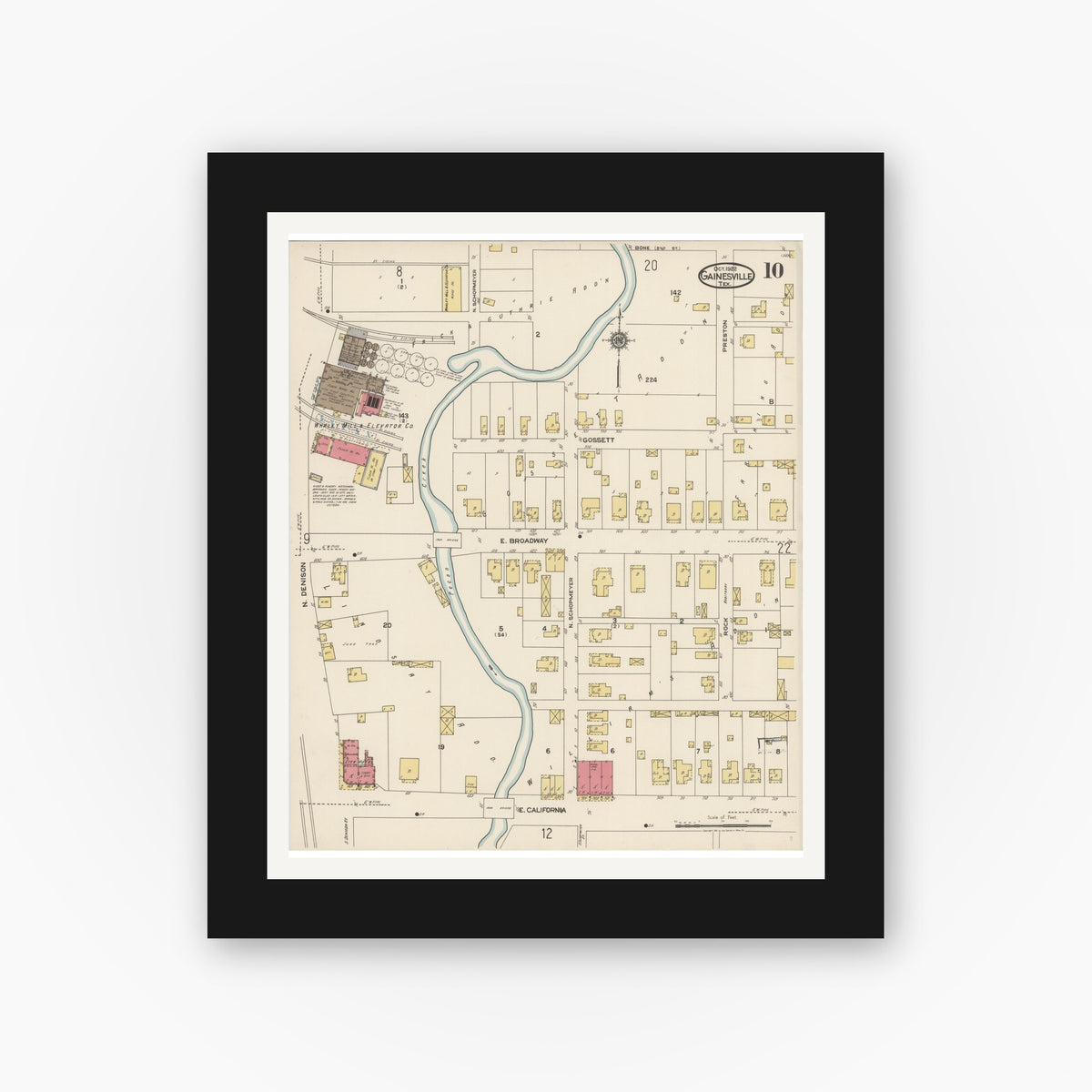 Old map wall art mockup — black gallery frame with white mat — Sanborn Fire Insurance Map from Gainesville, Cooke County, Texas (1922), Sheet #0010