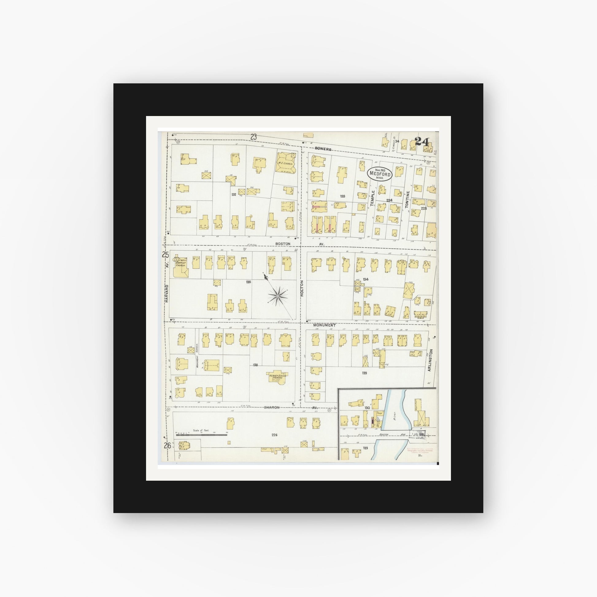 Old map wall art mockup — black gallery frame with white mat — Sanborn Fire Insurance Map from Medford, Middlesex County, Massachusetts (1903), Sheet #0024