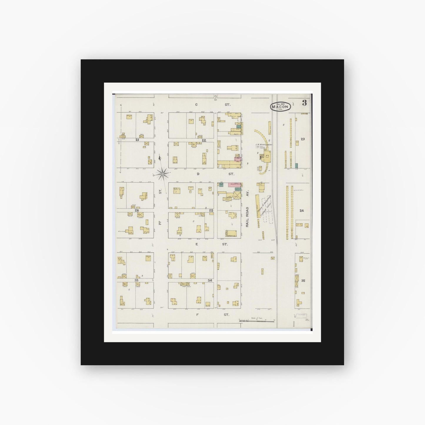 Old map wall art mockup — black gallery frame with white mat — Sanborn Fire Insurance Map from Macon, Macon County, Illinois (1893), Sheet #0003