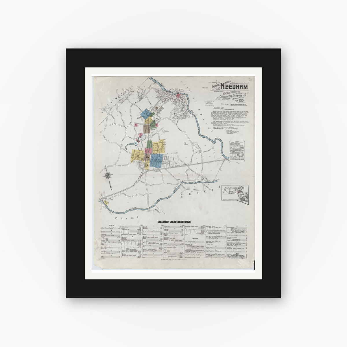 Old map wall art mockup — black gallery frame with white mat — Sanborn Fire Insurance Map from Needham, Norfolk County, Massachusetts (1919) - Complete Map Set