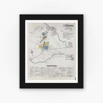 Old map wall art mockup — black gallery frame with white mat — Sanborn Fire Insurance Map from Needham, Norfolk County, Massachusetts (1919) - Complete Map Set