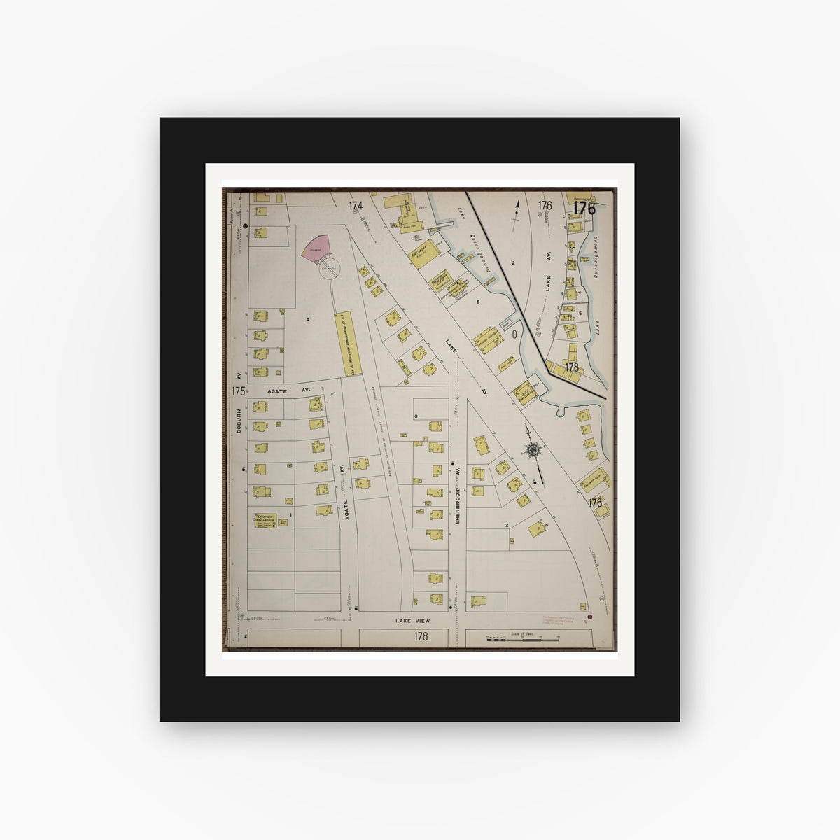 Old map wall art mockup — black gallery frame with white mat — Sanborn Fire Insurance Map from Worcester, Worcester County, Massachusetts (1910), Sheet #0176