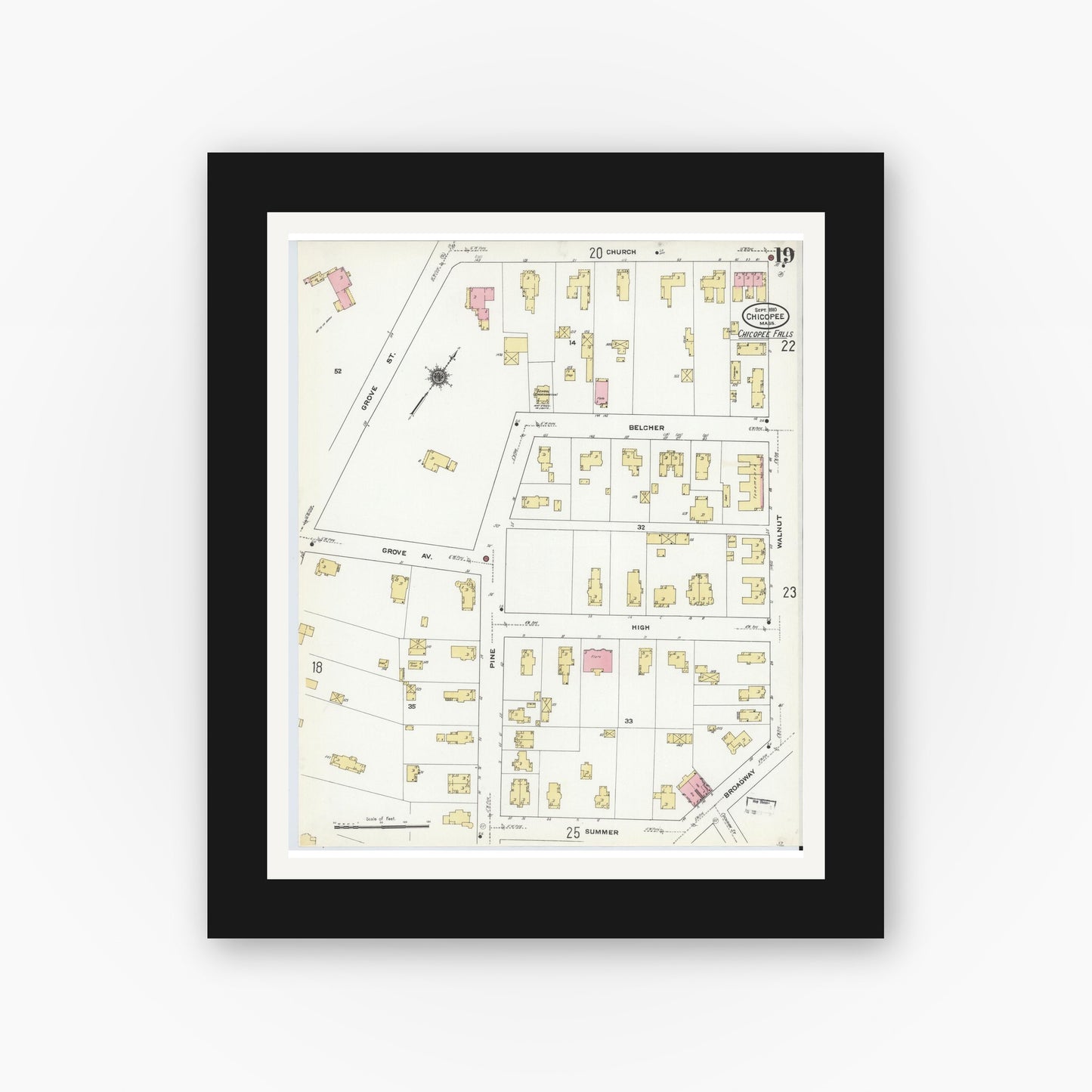 Old map wall art mockup — black gallery frame with white mat — Sanborn Fire Insurance Map from Chicopee, Hampden County, Massachusetts (1910), Sheet #0019