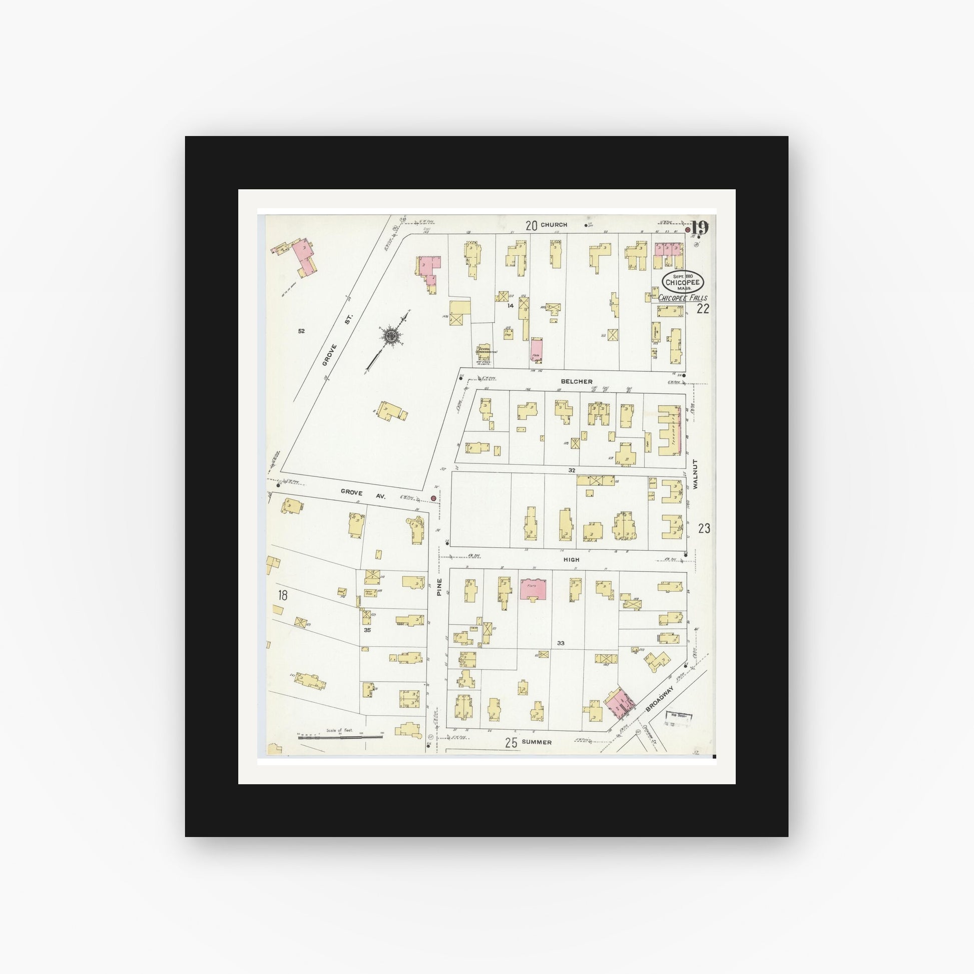 Old map wall art mockup — black gallery frame with white mat — Sanborn Fire Insurance Map from Chicopee, Hampden County, Massachusetts (1910), Sheet #0019
