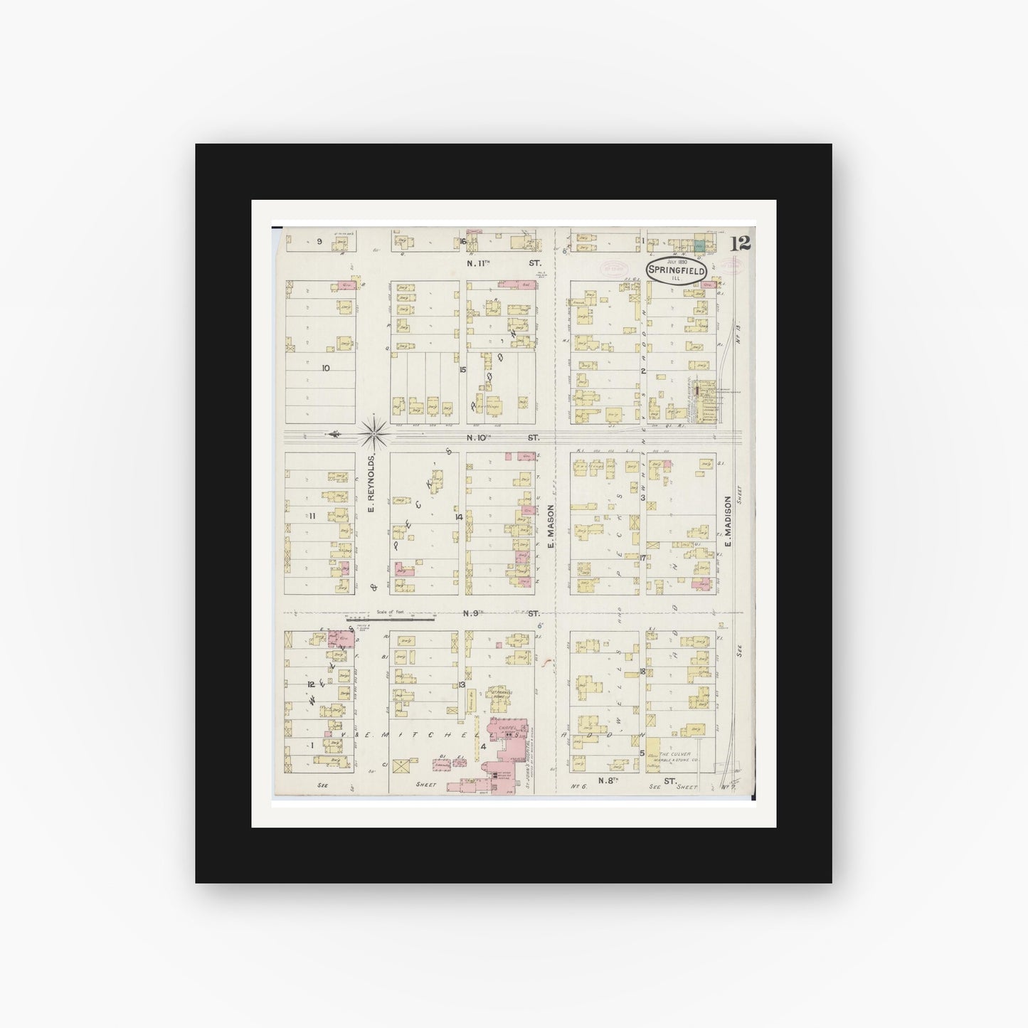 Old map wall art mockup — black gallery frame with white mat — Sanborn Fire Insurance Map from Springfield, Sangamon County, Illinois (1890), Sheet #0012