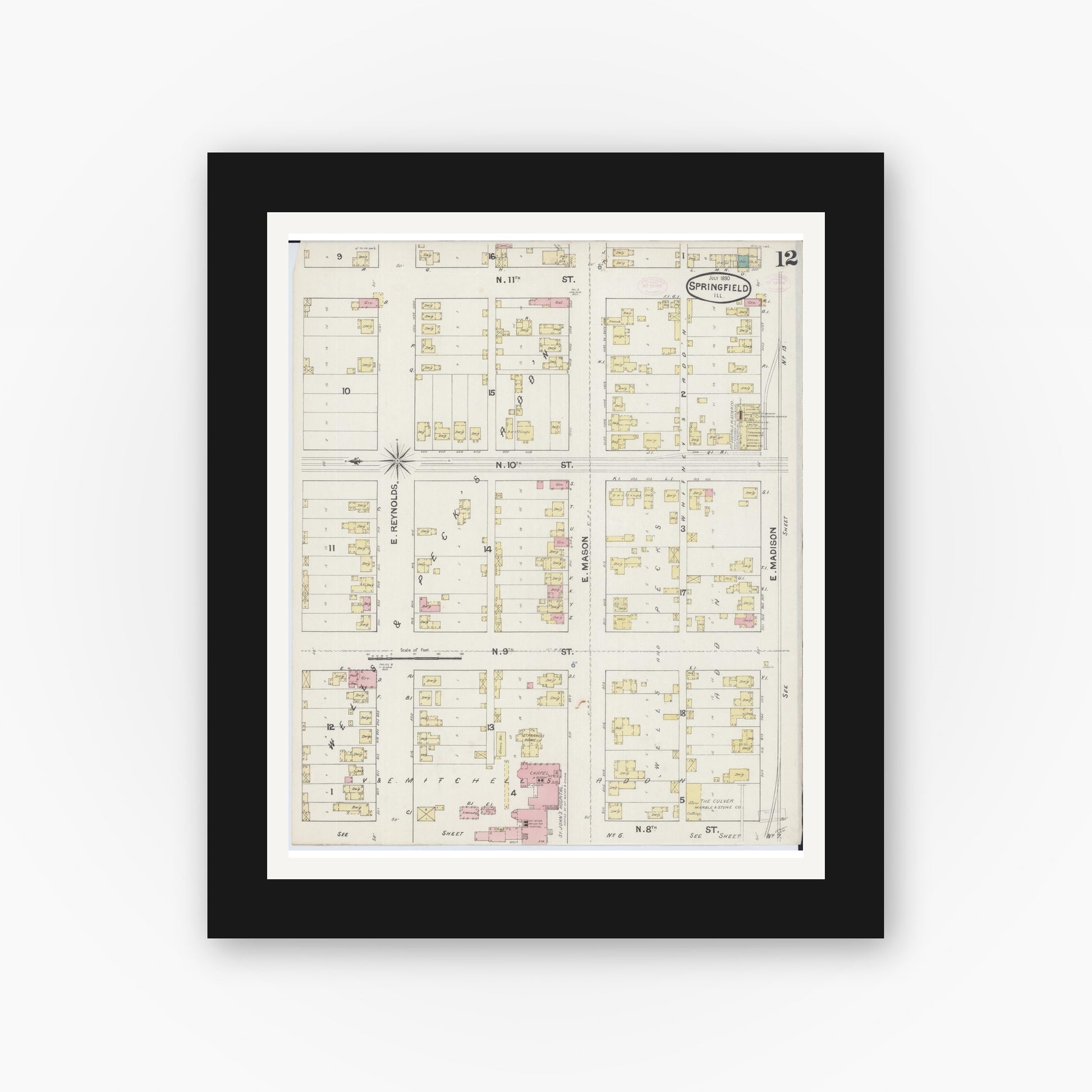 Old map wall art mockup — black gallery frame with white mat — Sanborn Fire Insurance Map from Springfield, Sangamon County, Illinois (1890), Sheet #0012