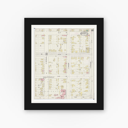 Old map wall art mockup — black gallery frame with white mat — Sanborn Fire Insurance Map from Springfield, Sangamon County, Illinois (1890), Sheet #0012