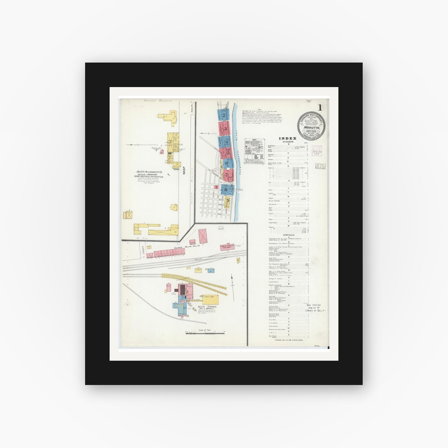 Old map wall art mockup — black gallery frame with white mat — Sanborn Fire Insurance Map from Marietta, Lancaster County, Pennsylvania (1904), Sheet #0001