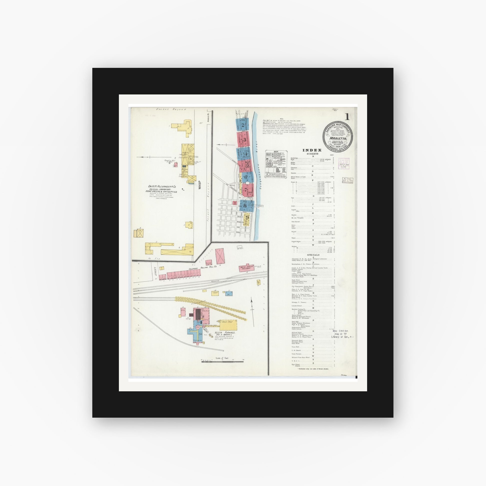 Old map wall art mockup — black gallery frame with white mat — Sanborn Fire Insurance Map from Marietta, Lancaster County, Pennsylvania (1904), Sheet #0001